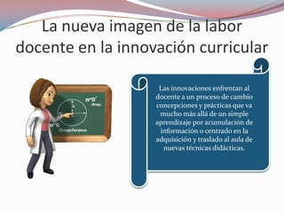 La nueva imagen de la labor
docente en la innovación curricular

                    Las innovaciones enfrentan al
                   docente a un proceso de cambio
                   concepciones y prácticas que va
                    mucho más allá de un simple
                   aprendizaje por acumulación de
                    información o centrado en la
                   adquisición y traslado al aula de
                     nuevas técnicas didácticas.
 