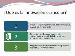 ¿Qué es la innovación curricular?

     1       • Resultado de la incorporación de las novedades
               educativas del momento.


             • Intención manifiesta de atender a las
     2         demandas de una sociedad globalizada o
               sociedad del conocimiento.



     3       • Respuesta a políticas emanadas de organismos
               nacionales e internacionales.
 