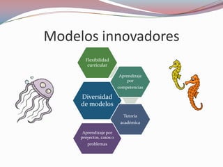 Modelos innovadores
       Flexibilidad
        curricular

                          Aprendizaje
                              por
                          competencias

     Diversidad
     de modelos
                            Tutoría
                           académica

      Aprendizaje por
     proyectos, casos o
        problemas
 