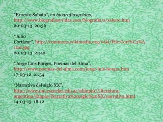―Ernesto Sabato‖, en biografiasyvidas,
http://www.biografiasyvidas.com/biografia/s/sabato.htm
20-03-13 20:36

―Julio
Cortázar‖, http://commons.wikimedia.org/wiki/File:Cort%C3%A
1zar.jpg
20-03-13 21:42

―Jorge Luis Borges, Poemas del Alma‖,
http://www.poemas-del-alma.com/jorge-luis-borges.htm
17-03-12 21:54

―Narrativa del siglo XX‖,
http://www.oni.escuelas.edu.ar/olimpi97/literatura-
argentina/Etapas/Narrativa%20siglo%20XX/narrativa.html
14-03-13 18:12
 