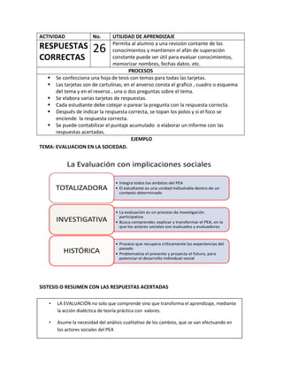 ACTIVIDAD                No.    UTILIDAD DE APRENDIZAJE
                                Permita al alumno a una revisión contante de los
RESPUESTAS               26     conocimientos y mantienen el afán de superación
CORRECTAS                       constante puede ser útil para evaluar conocimientos,
                                memorizar nombres, fechas datos. etc.
                                       PROCESOS
    Se confecciona una hoja de tesis con temas para todas las tarjetas.
    Las tarjetas son de cartulinas; en el anverso consta el grafico , cuadro o esquema
      del tema y en el reverso , una o dos preguntas sobre el tema.
    Se elabora varias tarjetas de respuestas.
    Cada estudiante debe cotejar o parear la pregunta con la respuesta correcta.
    Después de indicar la respuesta correcta, se topan los polos y si el foco se
      enciende la respuesta correcta.
    Se puede contabilizar el puntaje acumulado o elaborar un informe con las
      respuestas acertadas.
                                        EJEMPLO
TEMA: EVALUACION EN LA SOCIEDAD.


            La Evaluación con implicaciones sociales

                                    • Integra todos los ámbitos del PEA
        TOTALIZADORA                • El estudiante es una unidad indisoluble dentro de un
                                      contexto determinado



                                    • La evaluación es un proceso de investigación
                                      participativa
        INVESTIGATIVA               • Busca comprender, explicar y transformar el PEA, en la
                                      que los actores sociales son evaluados y evaluadores



                                    • Proceso que recupera críticamente las experiencias del
                                      pasado
           HISTÓRICA                • Problematiza el presente y proyecta el futuro, para
                                      potenciar el desarrollo individual-social




SISTESIS O RESUMEN CON LAS RESPUESTAS ACERTADAS

    •   LA EVALUACIÓN no solo que comprende sino que transforma el aprendizaje, mediante
        la acción dialéctica de teoría práctica con valores.

    •   Asume la necesidad del análisis cualitativo de los cambios, que se van efectuando en
        los actores sociales del PEA
 