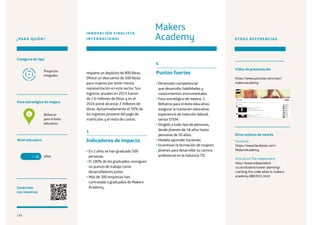 114
¿PARA QUIÉN?
Foco estratégico de mejora
Categoría de tipo
Nivel educativo
Conéctate
con nosotros
Refuerzo
para el éxito
educativo
Proyectos
integrales
requiere un depósito de 800 libras.
Ofrece un descuento de 500 libras
para mujeres por tener menos
representación en este sector. Sus
ingresos anuales en 2015 fueron
de 1,6 millones de libras y en el
2016 prevé alcanzar 2 millones de
libras. Aproximadamente el 70% de
los ingresos proviene del pago de
matrículas y el resto de cuotas.
5
Indicadores de impacto
• En 2 años se han graduado 500
personas.
• El 100% de los graduados consiguen
un puesto de trabajo como
desarrolladores junior.
• Más de 300 empresas han
contratado a graduados de Makers
Academy.
6
Puntos fuertes
• Dimensión competencial
que desarrolla: habilidades y
conocimientos instrumentales.
• Foco estratégico de mejora: 2.
Refuerzo para el éxito educativo:
asegurar la transición educativa:
experiencia de inserción laboral,
sector STEM.
• Dirigido a todo tipo de personas,
desde jóvenes de 18 años hasta
personas de 50 años.
• Modelo aprender haciendo.
• Incentivan la formación de mujeres
jóvenes para desarrollar su carrera
profesional en la industria TIC.
OTRAS REFERENCIAS
Facebook
https://www.facebook.com/
MakersAcademy
Artículo en The Independent
http://www.independent.
co.uk/student/career-planning/
cracking-the-code-what-is-makers-
academy-8883921.html
años+ 18
Makers
Academy
INNOVACIÓN FINALISTA
INTERNACIONAL
2
Otros enlaces de interés
Vídeo de presentación
https://www.youtube.com/user/
makersacademy
114
 