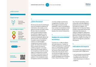 125
¿PARA QUIÉN?
Categoría de tipo
Nivel educativo
Conéctate
con nosotros
Contenidos
y herramientas
didácticas
Foco estratégico de mejora
Refuerzo
para el éxito
educativo
Metodologías
y recursos
adecuados al reto
3
¿Cómo funciona?
Permite que los docentes distribuyan
entre los estudiantes problemas de
matemáticas relacionados con los
planes de estudio de Estados Unidos.
De este modo, los estudiantes
tienen la oportunidad de resolver
los problemas asignados a través
del dispositivo móvil y mejorar un
conjunto de habilidades objetivo del
plan de estudio. Si los estudiantes
no pueden resolver el problema,
cuentan con material digital
complementario que les sirve de
ayuda. Tras revisar este material,
tienen la opción de resolver el
problema asignado. Si necesitan
apoyo adicional, pueden pedirlo a
sus compañeros a través de una red
segura y cerrada para los usuarios
inscritos. A continuación tienen una
nueva oportunidad para resolver el
problema. Si los estudiantes envían
la respuesta correcta, los resultados
se envían también a los docentes
y progenitores. Por último, con el
fin de asegurar el dominio de las
habilidades y reducir la posibilidad de
hacer trampa, los estudiantes reciben
un nuevo problema asignado al azar
basado en los mismos fundamentos.
4
Modelo de sostenibilidad
económica
Comenzó con un millón de dólares
del fondo Qualcomm. También ha
recibido contribuciones en especie por
valor de 750.000 dólares. Microsoft
proporciona soporte de ingeniería
de sistemas Choice Solutions para
el desarrollo. Esta solución ofrece
recursos de tecnología, experiencia
en arquitectura, diseño, desarrollo,
prueba y despliegue para el Proyecto
K-Nect. Drexel University, a través
de su foro de matemáticas, revisa
y desarrolla contenidos digitales y
proporciona acceso a un conjunto
de problemas de álgebra. The
Florida Center for Interactive Media
(FCIM) es responsable del desarrollo
multimedia relacionado con
teléfonos inteligentes. MobiControl
de SOTI proporciona productos para
gestionar en tiempo real el uso de los
dispositivos. PsyMes Consulting, LLC
realiza la investigación y evaluación
del proyecto.
5
Indicadores de impacto
Los resultados del programa durante
la fase piloto (2007/2008) fueron:
• Los cuatro grupos que participaron
en Project K-Nect superaron los
resultados de otra clase con el
mismo docente pero sin utilizar el
programa.
años14 16
2
4
INNOVACIONES EDUCATIVAS Educar para la Sociedad Digital
T
1
O
0
P
0
 