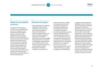 133
4
Modelo de sostenibilidad
económica
Los ingresos de PYE Global en el
2015 fueron de unos 690.000 euros.
Financia sus actividades a través
de donaciones (62%) e ingresos
obtenidos, incluidas las tasas
de facilitación para la formación
(38%). En el 2014 recibió fondos y
donaciones de particulares para poder
desarrollar la formación docente
de Aula Creativa de forma gratuita
a escuelas que forman parte de la
red de Escuelas Changemaker de
Ashoka y también de otras redes.
Estas escuelas han permitido la
puesta en marcha de dicha formación
y proporcionan información para
seguir perfeccionando el programa de
formación de profesorado.
5
Indicadores de impacto
• Evalúa regularmente los programas
mediante un análisis interno e
independiente. Se encuentra en
la fase inicial del análisis de la
formación de profesorado.
• Valora los resultados en base a una
serie de indicadores cualitativos
(aumento de la creatividad,
aprendizaje de técnicas y estrategias
útiles para fomentar la creatividad
y las habilidades socioemocionales
en los estudiantes, efectos en la
relación entre docentes y alumnos y
en el aprendizaje en el aula).
• Algunos de los indicadores
cuantitativos son el número de
profesores formados, la cantidad
de escuelas y alumnos que han
participado en el proyecto, el
porcentaje de profesores que
recomendarían la formación
a compañeros de trabajo, el
porcentaje de profesores que aplican
lo que han aprendido de forma
inmediata, después de realizar el
curso, o al cabo de tres meses. Los
resultados de la evaluación interna
son positivos y casi el 100% de los
profesores dicen que recomendarían
la formación a sus compañeros.
• En 2015, PYE y sus socios
internacionales formaron a más de
3.700 profesionales en 12 países,
y trabajaron con 220.000 jóvenes
en programas de potenciación de
habilidades. Cerca de 1.500 de los
alumnos formados eran profesores.
Desde que PYE comenzó su
actividad a nivel internacional en el
2006, la organización y sus socios
han formado a más de 15.000
profesionales, y se han beneficiado
alrededor de 1,5 millones de jóvenes.
• Miles de profesionales utilizan su
Modelo de Comunidad Creativa en
12 países: Estados Unidos, Canadá,
Reino Unido, India, Brasil, Sudáfrica,
Uganda, Grecia, Chipre, Jamaica,
Corea del Sur y Egipto. Dicho modelo
se ha puesto en práctica en cinco
países, donde organizaciones
asociadas y profesionales formados
imparten clases, y están en vías de
ponerlo en marcha en otros siete.
133
INNOVACIONES EDUCATIVAS Educar para la Sociedad Digital
T
1
O
0
P
0
 