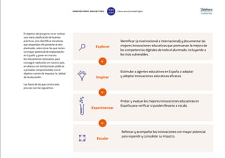 El objetivo del proyecto no es realizar
una mera clasificación de buenas
prácticas, sino identificar iniciativas
que respondan eficazmente al reto
planteado, seleccionar las que tienen
un mayor potencial de implantación
en España y poner en marcha
los mecanismos necesarios para
conseguir replicarlas en nuestro país,
en alianza con instituciones públicas
o privadas comprometidas con el
objetivo común de impulsar la calidad
de la educación.
Las fases de las que consta este
proceso son las siguientes:
Explorar
Inspirar
Experimentar
Escalar
Identificar (a nivel nacional e internacional) y documentar las
mejores innovaciones educativas que promuevan la mejora de
las competencias digitales de todo el alumnado, incluyendo a
los más vulnerables.
Estimular a agentes educativos en España a adaptar
y adoptar innovaciones educativas eficaces.
Probar y evaluar las mejores innovaciones educativas en
España para verificar si pueden llevarse a escala.
Reforzar y acompañar las innovaciones con mayor potencial
para expandir y consolidar su impacto.

INNOVACIONES EDUCATIVAS Educar para la Sociedad Digital
T
1
O
0
P
0
 
