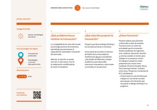 51
1
¿Qué problema busca
resolver la innovación?
La complejidad de los retos del mundo
actual exige procesos de enseñanza-
aprendizaje que promuevan la
capacidad de creatividad e innovación
del alumnado.
Además, la solución no puede
venir de un solo sector, sino de
la colaboración multidisciplinar
de varios innovadores.
2
¿Qué solución propone la
innovación?
Proyecto que lleva el design thinking a
las escuelas primarias e institutos.
Forma parte de d.school, el Instituto
de Diseño de la Universidad de
Stanford que agrupa a estudiantes
y facultades de diferentes campos
académicos para desarrollar
soluciones innovadoras a retos reales
y centradas en las personas.
3
¿Cómo funciona?
Propone talleres para docentes
y desarrolla un plan de estudios.
Funciona como un centro de
actividades para la innovación
donde estudiantes de ingeniería,
arte, medicina, educación, derecho
y ciencias sociales se reúnen para
trabajar en un proyecto común.
Se trabaja en proyectos reales
propuestos por socios como
Facebook, Procter  Gamble, Henry
Ford Learning Institute, Timbuk2,
entre otros. Proyectos e iniciativas de
K12 Lab Network:
• d.home team es una iniciativa que
trabaja con una red de escuelas
para apoyar a los docentes que
incorporan el design thinking en su
programa.
¿PARA QUIÉN?
Foco estratégico de mejora
Categoría de tipo
Nivel educativo
Conéctate
con nosotros
Formación del
profesorado
Metodologías
y recursos
adecuados al reto
Nuevas metodologías
educativas
años6 18
1
4
INNOVACIONES EDUCATIVAS Educar para la Sociedad Digital
T
1
O
0
P
0
 