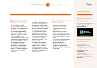 59
5
Indicadores de impacto
• En el primer año consiguió
establecer relación con los actores
implicados, entre los que destacan
los estudiantes universitarios de
las principales universidades de
Barcelona, Madrid, Comunidad
Valenciana y Andalucía; quienes
han mostrado gran interés
utilizando el primer prototipo. De las
universidades cuyos estudiantes se
han unido a la plataforma destacan
la Universidad Complutense
de Madrid, la Universitat de
Barcelona, la Universitat Oberta
de Catalunya, la Universidad de
Valencia, la Universidad de Sevilla
y la Universitat Politècnica de
Catalunya.
• Al tratarse de una plataforma de
consumo colaborativo de clases
particulares, el éxito se mide a
partir de las clases llevadas a cabo
y de las conexiones conseguidas
entre profesores y alumnos. En
su primer año: 4.200 usuarios,
1.200 profesores particulares,
8.000 asignaturas ofertadas de
500 titulaciones oficiales, 800
conexiones entre alumnos y
profesores particulares, 2.000
clases realizadas.
• Ha llevado a cabo un estudio
en colaboración con Ouishare
que indica que el 91% de los
estudiantes prefieren utilizar
Sharing Academy para encontrar
la persona adecuada para tomar
clases particulares.
OTRAS REFERENCIAS
Vídeo de presentación
https://www.youtube.com/channel/
UCR28zayHgjQ6ihHl54KYVCQ/
videos?sort=ddshelf_id
Medición del impacto
http://magazine.ouishare.net/
es/2016/02/cooperan-los-estudiantes/
SoundCloud
https://soundcloud.com/
sharingacademy
Artículo en El Mundo
http://www.elmundo.es/economia/
2015/06/13/557c3428ca4741294
e8b4585.html
Otros enlaces de interés
6
Puntos fuertes
• Dimensión competencial que
desarrolla: comunicación y
colaboración, participación
significativa.
• Foco estratégico de mejora: 2.
Refuerzo para el éxito educativo.
• Ofrece una posibilidad de ingresos
a universitarios que sacan buenas
notas.
• Permite que cualquier universitario
pueda ofrecer y recibir clases
cuándo y dónde quiera.
• Gestiona la reputación de los
usuarios con validaciones de
perfiles, comentarios y valoraciones
de las clases.
59
INNOVACIONES EDUCATIVAS Educar para la Sociedad Digital
T
1
O
0
P
0
 