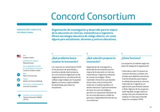 93
1
¿Qué problema busca
resolver la innovación?
Las carencias en conocimiento STEM
en los procesos de aprendizaje y
enseñanza desde edad temprana,
así como la brecha digital que incide
negativamente en una educación de
calidad, exige trabajar por la equidad
digital y el acceso a oportunidades
de aprendizaje para todos los
estudiantes.
2
¿Qué solución propone la
innovación?
Organización de investigación y
desarrollo de herramientas para la
mejora de la educación en ciencias,
matemáticas e ingeniería utilizando
las nuevas tecnologías. Ofrece
materiales interactivos que abordan
temas clave como la interacción
molecular, el análisis big data o el
diseño industrial. El aprovechamiento
de estos recursos tecnológicos
permite una importante extensión de
los recursos educativos a todas las
personas, independientemente de sus
circunstancias.
3
¿Cómo funciona?
Los proyectos se realizan según las
áreas de trabajo de la organización:
•Informática móvil. Es pionera en
conectar sensores y sondas a los
móviles para objetivos educativos.
Crea herramientas para mejorar
la calidad educacional en ciencias,
matemáticas e ingeniería con
aplicaciones para Android, Iphone
o iPads. Algunos de los proyectos
sobre big data recogen datos en
tiempo real y los estudiantes los
analizan en clase para entender
mejor los conceptos STEM.
Concord Consortium
INNOVACIÓN FINALISTA
INTERNACIONAL
Organización de investigación y desarrollo para la mejora
de la educación en ciencias, matemáticas e ingeniería.
Ofrece tecnología educativa de código abierto, sin coste
alguno para estudiantes, docentes y centros educativos.
Premios y reconocimientos
Premio Innovación SBANE
(2012).
País
Estados Unidos
Implantación original
Massachussets
Zonas geográficas donde
se ha replicado la innovación
Carolina, Estados Unidos
Web
http://concord.org/
Twitter
twitter.com/concorddotorg
Institución o emprendedor/a
Concord Consortium
www
 