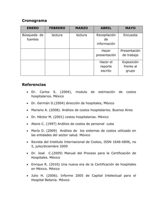 Cronograma

  ENERO          FEBRERO          MARZO            ABRIL              MAYO

Búsqueda de        lectura        lectura        Recopilación        Encuesta
  fuentes                                             de
                                                 información

                                                    Hacer       Presentación
                                                 presentación    de trabajo

                                                   Hacer el      Exposición
                                                   reporte        frente al
                                                    escrito         grupo



Referencias
     Dr. Carlos S. (2004),       modulo    de    estimación    de    costos
      hospitalarios. México

     Dr. Germán D.(2004) dirección de hospitales, México

     Mariano A. (2008). Análisis de costos hospitalarios. Buenos Aires

     Dr. Héctor M. (2001) costos hospitalarias. México

     Alexis C. (1997) Análisis de costos de personal cuba

     María D. (2009) Análisis de los sistemas de costos utilizado en
      las entidades del sector salud. México

     Revista del Instituto Internacional de Costos, ISSN 1646-6896, no
      5, julio/diciembre 2009

     Dr. José C.(2009) Manual del Proceso para la Certificación de
      Hospitales. México

     Enrique R. (2010) Una nueva era de la Certificación de hospitales
      en México. México

     Julio H. (2006). Informe 2005 de Capital Intelectual para el
      Hospital Betania. México
 