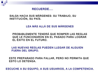 RECUERDE….

  SALGA HACIA SUS MÁRGENES: SU TRABAJO, SU
  INSTITUCIÓN, SU PAÍS.


            LEA MÁS ALLÁ DE SUS MÁRGENES


    PROBABLEMENTE TENDRÁ QUE ROMPER LAS REGLAS
    QUE LE FUNCIONARON EN EL PASADO PARA LOGRAR
    EL ÉXITO EN EL FUTURO.


   LAS NUEVAS REGLAS PUEDEN LLEGAR DE ALGUIEN
   FUERA DEL GRUPO.


 ESTE PREPARADO PARA FALLAR, PERO NO PERMITA QUE
 ESTO LO DETENGA.


ESCUCHE A SU EQUIPO, A SUS USUARIOS, A LA COMPETENCIA.
 