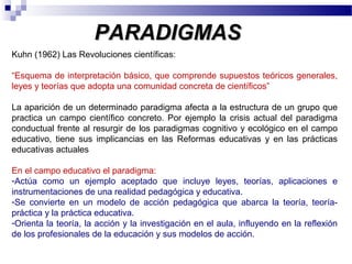 PARADIGMAS
Kuhn (1962) Las Revoluciones científicas:

“Esquema de interpretación básico, que comprende supuestos teóricos generales,
leyes y teorías que adopta una comunidad concreta de científicos”

La aparición de un determinado paradigma afecta a la estructura de un grupo que
practica un campo científico concreto. Por ejemplo la crisis actual del paradigma
conductual frente al resurgir de los paradigmas cognitivo y ecológico en el campo
educativo, tiene sus implicancias en las Reformas educativas y en las prácticas
educativas actuales

En el campo educativo el paradigma:
-Actúa como un ejemplo aceptado que incluye leyes, teorías, aplicaciones e
instrumentaciones de una realidad pedagógica y educativa.
-Se convierte en un modelo de acción pedagógica que abarca la teoría, teoría-
práctica y la práctica educativa.
-Orienta la teoría, la acción y la investigación en el aula, influyendo en la reflexión
de los profesionales de la educación y sus modelos de acción.
 