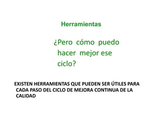 Herramientas 
¿Pero cómo puedo 
hacer mejor ese 
ciclo? 
EXISTEN HERRAMIENTAS QUE PUEDEN SER ÚTILES PARA 
CADA PASO DEL CICLO DE MEJORA CONTINUA DE LA 
CALIDAD 
 