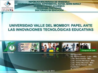 REPÚBLICA BOLIVARIANA DE VENEZUELA
    UNIVERSIDAD NACIONAL EXPERIMENTAL RAFAEL MARÍA BARALT
                  VICERRECTORADO ACADÉMICO
                     PROGRAMA POSTGRADO
                   DOCTORADO EN EDUCACIÓN




 UNIVERSIDAD VALLE DEL MOMBOY: PAPEL ANTE
LAS INNOVACIONES TECNOLÓGICAS EDUCATIVAS




                                                Participantes:
                                                Ing. Alonso Araujo - Lcdo. - MSc.
                                                Lcda. Rosa Gómez - MSc.
                                                Lcda. Zoraida Mendoza - MSc.
                                                Lcda. Yelitza Maurielo - MSc.
                                                Lcda. Benita Ramos - MSc.
                                                Facilitador:
                                                Dr. Carlos Lacruz Hernández.
                    Valera, mayo de 2012
 