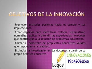 •    Promover actitudes positivas hacia el cambio y sus
    implicaciones.
•    Crear espacios para identificar, valorar, sistematizar,
    normalizar, aplicar y difundir las experiencias novedosas
    que contribuyan a la solución de problemas educativos.
•    Animar el desarrollo de propuestas educativas válidas
    que respondan a la realidad.
•    Estimular la investigación en los docentes a partir de su
    propia práctica educativa.
 