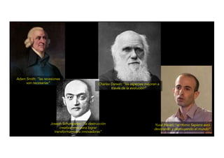 Adam Smith: “las recesiones
son necesarias” Charles Darwin: “las especies mejoran a
través de la evolución”
Joseph Schumpeter: “la destrucción
creativa sirve para lograr
transformaciones innovadoras”
Yuval Harari: “el Homo Sapiens está
devorando y destruyendo el mundo”
 