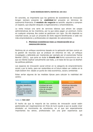 ELENA RODRÍGUEZ BENITO, MASTER SIC. UOC 2012



En concreto, es importante que los gestores de ecosistemas de innovación
tengan siempre presente la viabilidad del proyecto en términos de
autonomía financiera. El modelo de negocio es sencillo: alquilan o compran
un espacio, que alquilan después a organizaciones y emprendedores.

La renta incluye una serie de servicios básicos que alivian las cargas
administrativas de los miembros, por la que estos pagan un premium. Como
en cualquier empresa, los costes se gestionan con rigor. De ello depende su
voluntad social, ya que un proyecto de éxito seguirá beneficiando a cada vez
más emprendedores y profesionales sin depender de subvenciones.

             i. PREMISAS ECONÓMICAS PARA LA FINANCIACIÓN DE LA
                                    PARA
                INNOVACIÓN SOCIAL



Partimos de un enfoque económico basado en la aplicación del bien común en
la gestión de recursos que se produce en entornos en red, un enfoque
investigado y defendido por mantenida por ejemplo por el economista Yochai
Benkler (2011), que pone en duda la tiranía del homo economicus con la
que se intenta explicar actualmente casi todo, y en base de los que se diseñan
las políticas públicas.

Los espacios de innovación social entran en la categoría de emprendimiento
social y por lo tanto, para ser sostenibles en el futuro deben ser viables en la
                                                                   vi
triple bottom line: desde un punto de vista económico, social y ambiental.
                  :

Estas serían algunas de las medidas típicas para calcular la viabilidad del
centro:


       ECONÓMICO                     AMBIENTAL                      SOCIAL

 •Ventas, beneficios,          •Calidad del aire           •Prácticas laborales
                                                            Prácticas
  ROI                          •Calidad de agua            •Impacto en la
                                                            Impacto
 •Flujos monetarios            •Uso de energía              comunidad
 •Impuestos pagados            •Residuos                   •Derechos humanos
                                                            Derechos
 •Puestos de trabajo            producidos/reciclados      •Responsabilidades del
                                                            Responsabilidades
  creados                                                   producto


Tabla 3: YSEI 2007

El hecho de que la mayoría de los centros de innovación social estén
gestionados por organizaciones sin fines de lucro ayuda a que se pueda crear
alrededor un movimiento de voluntarios, en el que son especialmente
importantes los sénior profesionales con una gran experiencia que
                  sénior,

                                                                                    23
 