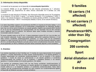2.- Información clínica disponible:

La mutación se ha asociado con el desarrollo de miocardiopatía hipertrófica.                            9 families
La mutación K600fs en el gen MyBPC3 ha sido descrita previamente en 1 artículo/s-
comunicación/es [2]. Disponemos de datos clínicos adicionales de 8 familias con esta
mutación.                                                                                            18 carriers (14
La mutación ha sido descrita en 9 familias. Hay información disponible acerca de 18 portadores
de la mutación (14 con MCH, 3 sanos, 1 sin estudio fenotípico), 15 no portadores (1 MCH, 3              affected)
sanos, 3 sin estudio fenotípico) y 72 familiares sin estudio genético (8 MCH, 2 muertes súbitas
de causa desconocida, 1 MCH + miocardiopatía dilatada, 6 sanos, 55 sin estudio fenotípico).
                                                                                                    15 not carriers (1
Los datos disponibles sugieren una penetrancia del 90% en mayores de 30 años (tablas 1 y 2).
La mutación muestra asociación con la enfermedad (cosegregación) en diferentes familias,
                                                                                                        affected)
pero hay uno de los quince familiares con estudio genético negativo que presenta MCH (familia
8, en la que hay antecedentes de consanguinidad). Se han reportado más de 200 controles
sanos negativos para la mutación. No tenemos datos sobre modelos animales o estudios
funcionales sobre la mutación.
                                                                                                    Penetrance>90%
El grosor parietal medio es de 20 mm, 2 casos presentaron grosor>30 mm (uno de ellos con             older than 30y
una mutación adicional). Cuatro casos presentaban obstrucción subaórtica dinámica y 2 de
ellos tuvieron accidentes cerebrovasculares (jóvenes). La mayor parte de los portadores
estaban en clase funcional II de la NYHA. La dilatación de la aurícula izquierda (diámetro medio
48 mm) y el desarrollo de fibrilación auricular precoz fueron complicaciones frecuentes. Muchos      Cosegregation
de los pacientes con MCH y fibrilación auricular habían practicado deporte a nivel competitivo.

                                                                                                      200 controls
3.- Eventos:

Los eventos reportados en las 9 familias son: 5 muertes de causa desconocida (5 sin estudio               Sport
genético); 1 muerte relacionada con otras causas cardiovasculares (1 sin estudio genético); 3
muertes relacionadas con accidentes cerebrovasculares (1 con la mutación, 2 sin estudio
genético); 1 muerte de causa no cardiovascular (1 sin estudio genético); 2 accidentes
cerebrovasculares (sin muerte) (2 con la mutación); 1 trasplante cardíaco (1 sin estudio           Atrial dilatation and
                                                                                                             AF
genético); 2 muertes súbitas (2 sin estudio genético). (Ver tablas)
Los eventos en portadores fueron 3/18, los tres fueron accidentes cerebrovasculares (2
menores de 55 años). En 72 familiares sin estudio genético se recogieron antecedentes de
muerte súbita en 2, un trasplante cardíaco y 2 accidentes cerebrovasculares. Estos datos
sugieren que las complicaciones asociadas con esta mutación son fundamentalmente ligadas
al desarrollo de fibrilación auricular y eventos embólicos.
                                                                                                        5 strokes
 