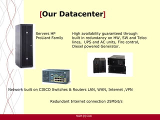 [Our Datacenter]

              Servers HP         High availability guaranteed through
              ProLiant Family    built in redundancy on HW, SW and Telco
                                 lines, UPS and AC units, Fire control,
                                 Diesel powered Generator.




Network built on CISCO Switches & Routers LAN, WAN, Internet ,VPN


                     Redundant Internet connection 25Mbit/s


                                   Health [in] Code
 
