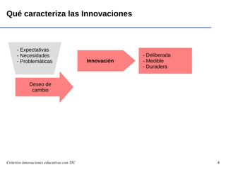 Criterios innovaciones educativas con TIC 4
Qué caracteriza las Innovaciones
Deseo de
cambio
- Expectativas
- Necesidades
- Problemáticas Innovación
- Deliberada
- Medible
- Duradera
 