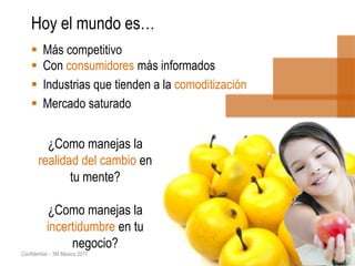 Hoy el mundo es…
        Más competitivo
        Con consumidores más informados
        Industrias que tienden a la comoditización
        Mercado saturado


          ¿Como manejas la
        realidad del cambio en
               tu mente?

           ¿Como manejas la
           incertidumbre en tu
                negocio?
Confidential – 3M Mexico 2011
 