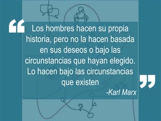 “      Los hombres hacen su propia
    historia, pero no la hacen basada
         en sus deseos o bajo las
    circunstancias que hayan elegido.



                                         ”
     Lo hacen bajo las circunstancias
                que existen
                            -Karl Marx
 