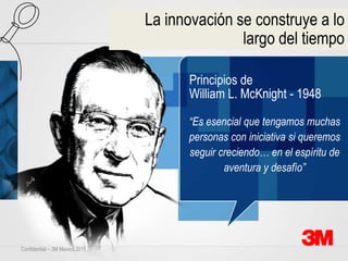 La innovación se construye a lo
                                             Liderança que inova
                                               largo del tiempo

                                       Principios de
                                       William L. McKnight - 1948

                                       “Es esencial que tengamos muchas
                                       personas con iniciativa si queremos
                                       seguir creciendo… en el espíritu de
                                               aventura y desafío”




Confidential – 3M Mexico 2011
 