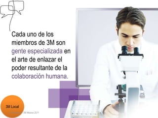 Cada uno de los
    miembros de 3M son
    gente especializada en
    el arte de enlazar el
    poder resultante de la
    colaboración humana.



3M Local
  Confidential – 3M Mexico 2011   59
 