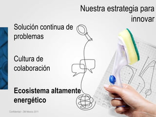 Nuestra estrategia para
                                                innovar
    Solución continua de
    problemas

    Cultura de
    colaboración

    Ecosistema altamente
    energético
Confidential – 3M Mexico 2011
 