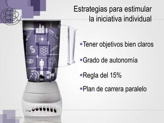Estrategias para estimular
                                     la iniciativa individual


                                  Tener objetivos bien claros

                                  Grado de autonomía

                                  Regla del 15%
                                  Plan de carrera paralelo


Confidential – 3M Mexico 2011
 