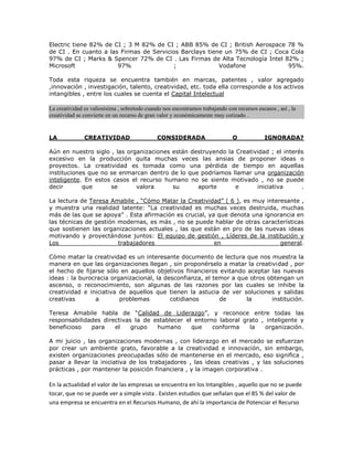 Electric tiene 82% de CI ; 3 M 82% de CI ; ABB 85% de CI ; British Aerospace 78 % 
de CI . En cuanto a las Firmas de Servicios Barclays tiene un 75% de CI ; Coca Cola 
97% de CI ; Marks & Spencer 72% de CI . Las Firmas de Alta Tecnología Intel 82% ; 
Microsoft 97% ; Vodafone 95%. 
Toda esta riqueza se encuentra también en marcas, patentes , valor agregado 
,innovación , investigación, talento, creatividad, etc. toda ella corresponde a los activos 
intangibles , entre los cuales se cuenta el Capital Intelectual 
La creatividad es valiosísima , sobretodo cuando nos encontramos trabajando con recursos escasos , así , la 
creatividad se convierte en un recurso de gran valor y económicamente muy cotizado . 
LA CREATIVIDAD CONSIDERADA O IGNORADA? 
Aún en nuestro siglo , las organizaciones están destruyendo la Creatividad ; el interés 
excesivo en la producción quita muchas veces las ansias de proponer ideas o 
proyectos. La creatividad es tomada como una pérdida de tiempo en aquellas 
instituciones que no se enmarcan dentro de lo que podríamos llamar una organización 
inteligente. En estos casos el recurso humano no se siente motivado , no se puede 
decir que se valora su aporte e iniciativa . 
La lectura de Teresa Amabile , “Cómo Matar la Creatividad” ( 6 ), es muy interesante , 
y muestra una realidad latente: “La creatividad es muchas veces destruida, muchas 
más de las que se apoya” . Esta afirmación es crucial, ya que denota una ignorancia en 
las técnicas de gestión modernas, es más , no se puede hablar de otras características 
que sostienen las organizaciones actuales , las que están en pro de las nuevas ideas 
motivando y proyectándose juntos: El equipo de gestión , Líderes de la institución y 
Los trabajadores en general. 
Cómo matar la creatividad es un interesante documento de lectura que nos muestra la 
manera en que las organizaciones llegan , sin proponérselo a matar la creatividad , por 
el hecho de fijarse sólo en aquellos objetivos financieros evitando aceptar las nuevas 
ideas : la burocracia organizacional, la desconfianza, el temor a que otros obtengan un 
ascenso, o reconocimiento, son algunas de las razones por las cuales se inhibe la 
creatividad e iniciativa de aquellos que tienen la astucia de ver soluciones y salidas 
creativas a problemas cotidianos de la institución. 
Teresa Amabile habla de “Calidad de Liderazgo”, y reconoce entre todas las 
responsabilidades directivas la de establecer el entorno laboral grato , inteligente y 
beneficioso para el grupo humano que conforma la organización. 
A mi juicio , las organizaciones modernas , con liderazgo en el mercado se esfuerzan 
por crear un ambiente grato, favorable a la creatividad e innovación, sin embargo, 
existen organizaciones preocupadas sólo de mantenerse en el mercado, eso significa , 
pasar a llevar la iniciativa de los trabajadores , las ideas creativas , y las soluciones 
prácticas , por mantener la posición financiera , y la imagen corporativa . 
En la actualidad el valor de las empresas se encuentra en los Intangibles , aquello que no se puede 
tocar, que no se puede ver a simple vista . Existen estudios que señalan que el 85 % del valor de 
una empresa se encuentra en el Recursos Humano, de ahí la importancia de Potenciar el Recurso 
 