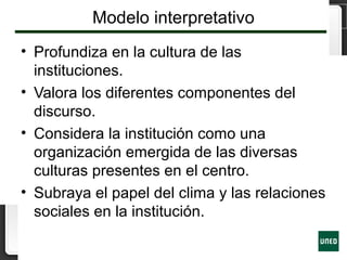 Modelo interpretativo
• Profundiza en la cultura de las
instituciones.
• Valora los diferentes componentes del
discurso.
• Considera la institución como una
organización emergida de las diversas
culturas presentes en el centro.
• Subraya el papel del clima y las relaciones
sociales en la institución.
 