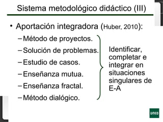 Sistema metodológico didáctico (III)
• Aportación integradora (Huber, 2010):
–Método de proyectos.
–Solución de problemas.
–Estudio de casos.
–Enseñanza mutua.
–Enseñanza fractal.
–Método dialógico.
Identificar,
completar e
integrar en
situaciones
singulares de
E-A
 