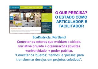 O QUE PRECISA?
O ESTADO COMO
ARTICULADOR E
FACILITADOR
EcoDistricts, Portland
Conectar os setores que moldam a cidade.
Iniciativa privada + organizações ativistas
+universidade + poder público.
“Conectar os ‘queros’, ‘tenhos’ e ‘possos‘ para
transformar desejos em projetos coletivos”.
 