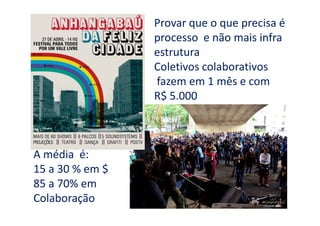 Provar que o que precisa é
processo e não mais infra
estrutura
Coletivos colaborativos
fazem em 1 mês e com
R$ 5.000
A média é:
15 a 30 % em $
85 a 70% em
Colaboração
 