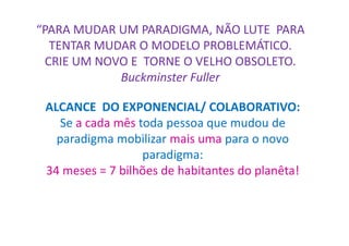 “PARA MUDAR UM PARADIGMA, NÃO LUTE PARA
TENTAR MUDAR O MODELO PROBLEMÁTICO.
CRIE UM NOVO E TORNE O VELHO OBSOLETO.
Buckminster Fuller
ALCANCE DO EXPONENCIAL/ COLABORATIVO:
Se a cada mês toda pessoa que mudou deSe a cada mês toda pessoa que mudou de
paradigma mobilizar mais uma para o novo
paradigma:
34 meses = 7 bilhões de habitantes do planêta!
 
