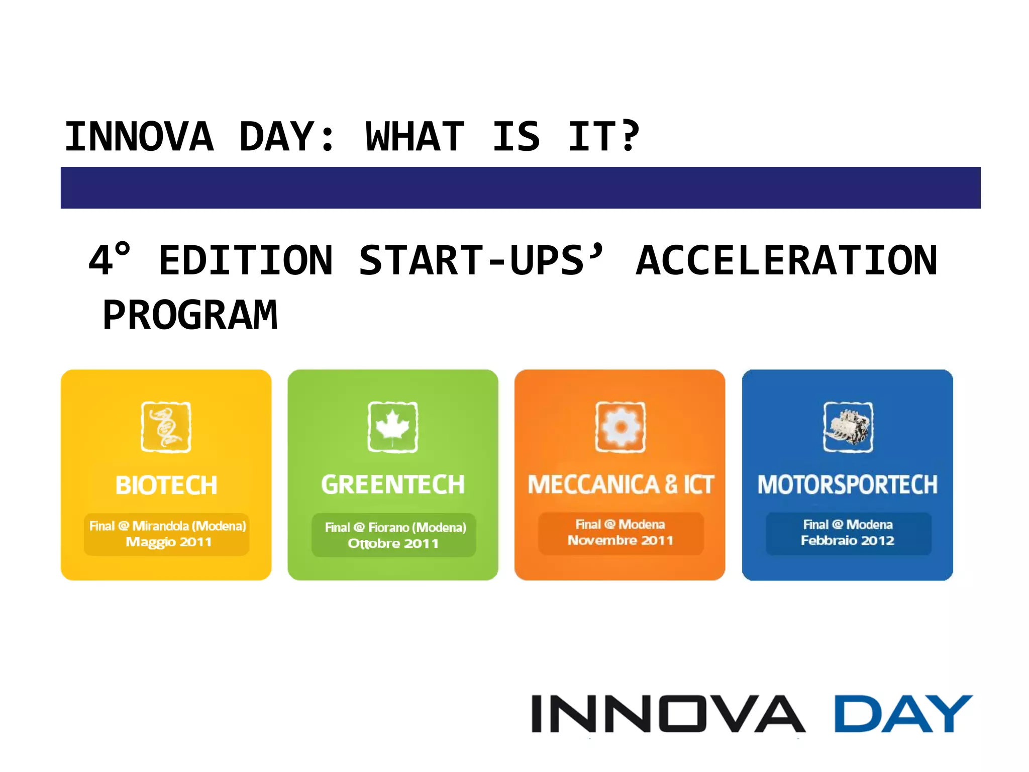 INNOVA DAY: WHAT IS IT?

 4° EDITION START-UPS’ ACCELERATION
  PROGRAM
 