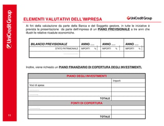 ELEMENTI VALUTATIVI DELL’IMPRESA
      Ai fini della valutazione da parte della Banca e del Soggetto gestore, in tutte le iniziative è
      prevista la presentazione da parte dell’impresa di un PIANO PREVISIONALE a tre anni che
      illustri le relative ricadute economiche.


         BILANCIO PREVISIONALE                   ANNO ….        ANNO ….             ANNO ….
                            STATO PATRIMONIALE   IMPORTI   %    IMPORTI     %       IMPORTI   %

                                  …………………




      Inoltre, viene richiesto un PIANO FINANZIARIO DI COPERTURA DEGLI INVESTIMENTI.


                                     PIANO DEGLI INVESTIMENTI
                                                                          Importi
        Voci di spesa
        …………
        ………..
                                                               TOTALE
                                        FONTI DI COPERTURA
        ………….


11
                                                               TOTALE
 