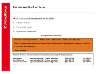 I ns riferimenti sul territorio



         Le nostre strutture presenti sul territorio :
         14 direzioni territoriali

         17 centri piccole imprese

         4 centri sviluppo nuova clientela


                                                   sulla provincia di Modena:

     • 5 Direzioni Territoriali (Castelfranco - Modena Centro – Modena Nord – Modena Sud – Sassuolo)

     • 6 Centri Piccole Imprese (Castelfanco - Modena Centro – Modena Nord – Modena Sud – Sassuolo – Formigine)

     • 39 Consulenti Piccole Imprese

     • 1 centro sviluppo


     Presso la Direzione Commerciale referenti dedicati al segmento delle Piccole Imprese :

     Rosi Luciano                    specialista Confidi e Finanza Agevolata    059 – 201406           335-1400798
     Rocchi Maurizio                 specialista Confidi e Finanza Agevolata    059 – 201723           335-200536
     Ferraresi Alessandro            specialista Condidi e Finanza Agevolata    059 – 201632           335-1484243



16
 