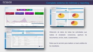 Completo sistema de métricas y reporting
Obtención de datos de todas las actividades que
realiza el empleado: conexiones, apertura de
documentos, envíos, tests, cuestionarios…
Datos que le servirán para realizar un buen análisis de
los resultados.
 
