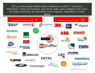 IGT y la Universidad Adolfo Ibáñez fundamos en 2004 el “Club de la
Innovación” como una instancia, una red de redes, para compartir mes a mes
  las mejores prácticas de innovación en los negocios, disponibles a escala
                                    global

     Empresas asociadas en 2004:   4           Empresas asociadas en 2009:      34




                                                              Innovando desde la emoción   17
 