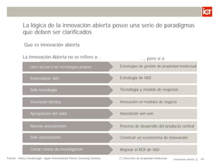 La lógica de la innovación abierta posee una serie de paradigmas
           que deben ser clarificados

            Que es innovación abierta

           La Innovación Abierta no se refiere a…                                        …, pero sí a
                 Libre acceso a las tecnologías propias                  Estrategias de gestión de propiedad intelectual


                 Externalizar I&D                                        Estrategia de I&D


                 Sólo tecnología                                         Tecnología y modelo de negocios


                 Invención técnica                                       Innovación en modelos de negocio


                 Apropiación del valor                                   Asociación win-win


                 Nuevas asociaciones                                     Proceso de desarrollo del producto central

                 Sólo asociaciones                                       Construir un ecosistema de innovación

                 Cortar costos de investigación                          Mejorar el ROI de I&D

Fuente: Henry Chesbrough: Japan International Patent Licensing Seminar   (*) Derechos de propiedad intelectual   Innovación abierta   49
 