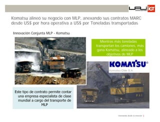 Komatsu alineó su negocio con MLP, anexando sus contratos MARC
desde US$ por hora operativa a US$ por Toneladas transportadas

Innovación Conjunta MLP - Komatsu

                                           Mientras más toneladas
                                        transportan los camiones, más
                                         gana Komatsu, alineado a los
                                               objetivos de MLP




 Este tipo de contrato permite contar
   una empresa especialista de clase
   mundial a cargo del transporte de
                  MLP


                                                     Innovando desde la emoción
 