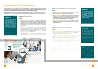 25
24 Lösungsszenarien: Unified Communications
Lösungsszenarien: Unified Communications
Lösungsszenarien: Unified Communications
In diesem Szenario zeigen wir, wie sich das auf der vorherigen Doppelseite vorgestellte Unternehmen eine passende Unified
Communications-Lösung zusammenstellen kann. Diese UC-Lösung baut auf der bereits bestehenden IP-Telefonie-Lösung auf
und lässt sich durch das Ergänzen der notwendigen Lizenzen ohne zusätzliche Hardware umsetzen.
Ausgangssituation: Die Umstellung auf IP-Telefonie ist erfolgreich abgeschlossen. Nun sollen zusätzlich zu den klassischen Tele-
fonie-Funktionen auch moderne Unified Communications-Bestandteile in die Unternehmenskommunikation integriert werden.
Anforderung:
Für kurze Nachrichten soll es
einen firmeninternen, DSGVO-
konformen Messenger-Dienst
geben. Über diesen sollen auch
Anhänge verschickt werden kön-
nen und es soll die Möglichkeit
geben, Gruppenchats zu eröffnen.
Baustein: Chat App Premium
Lösung: Die Chat App Premium bietet eine sichere Messenger-Lösung für jedes
Unternehmen und hält dabei sämtlichen datenschutzrechtlichen Richtlinien stand.
Mit ihr können kurze Textnachrichten, Emojis oder kleine Dateien schnell und ein-
fach an einzelne Personen oder Chatgruppen versendet werden.
Anforderung:
Da die Mitarbeiter vermehrt im
Home Office oder auch von un-
terwegs arbeiten, soll eine Lö-
sung gefunden werden, mit der
Kollegen auch von verschiedenen
Arbeitsorten aus zusammenar-
beiten können. Wichtig ist hier-
bei, dass der persönliche Kontakt
„face-to-face“ nicht verloren geht.
Bausteine: Phone App, Softphone App
Lösung:
▪ Mit der Phone App lassen sich nicht nur innovaphone IP-Telefone, sondern
darüber hinaus auch DECT Handsets oder IP-Telefone anderer Hersteller steu-
ern, sodass man mit beinahe jedem beliebigen, IP-fähigen Endgerät Video-
gespräche führen kann. Um die beste Sprachqualität zu gewährleisten, bleibt
der Sprachkanal auf dem Telefon, während das Videobild auf dem Desktop-PC
dargestellt wird.
▪ Die Softphone App dient als virtuelles Telefon auf jedem Device (und an je-
dem Ort). Mit ihr können auch ohne IP-Tischtelefon ganz einfach Audio- und
Videoanrufe gestartet und entgegengenommen werden – einzige Voraus-
setzung dafür ist ein internetfähiges Endgerät mit Audio Ein- und Ausgabe
sowie Kamerafunktion (für Videogespräche).
▪ In beiden Apps hat der Nutzer die Möglichkeit, den ausgewählten Inhalt des
eigenen Bildschirms per Desktop Sharing mit den Gesprächspartnern zu teilen.
Anforderung:
Für die Mitarbeiter soll jederzeit
auf einen Blick erkennbar sein,
welche Kollegen jeweils verfügbar
und anwesend sind. Kalender-
einträge sollen ebenso angezeigt
werden, wie manuell gesetzte
Präsenzinformationen.
Bausteine: Presence- und Office-Integration, Calendar Presence Mapping
Lösung:
▪ Dank Presence-Integration werden die Präsenzinformationen von Kollegen
dem Nutzer jeweils schon vor dem Kontaktversuch angezeigt.
▪ Über Office-Integration können die Präsenzinformationen aus innovaphone
myApps auch in Microsoft Office / Microsoft 365 übertragen werden. Bei der
Adressauflösung, etwa beim Schreiben einer E-Mail, werden diese Informatio-
nen dann beispielsweise direkt in Microsoft Outlook angezeigt.
▪ Mittels Calendar Presence Mapping kann die Information des eigenen
Exchange-Kalenders umgekehrt auch automatisch als Präsenzinformation in
myApps gesetzt werden.
Anforderung:
Die Mitarbeiter sollen unterwegs
über ihre offizielle Geschäftsnum-
mer erreichbar sein, wobei dem
Gesprächspartner stets dieselbe
Durchwahl angezeigt werden soll.
Auch bei schlechter Datenverbin-
dung muss die Erreichbarkeit ge-
währleistet sein.
Bausteine: Mobility-Lösung, RCC App, One Number Konzept
Lösung:
▪ Die innovaphone Mobility-Lösung integriert Smartphones und Tablets in die
zentrale VoIP-Telefonanlage. Die Mitarbeiter sind so auch unterwegs bei un-
zureichend ausgebautem Mobilnetz stets erreichbar.
▪ Über die RCC App (Remote Call Control App) lassen sich verschiedenste End-
geräte per CTI Funktion über die myApps Oberfläche steuern. Dabei ist sicher-
gestellt, dass nach außen nur die Bürotelefonnummer signalisiert wird.
▪ Dank des innovaphone One Number Konzeptes sind die Mitarbeiter immer
und überall unter derselben Nummer erreichbar. Auch der Presence-Status der
Teilnehmerin oder des Teilnehmers ist stets ersichtlich.
 