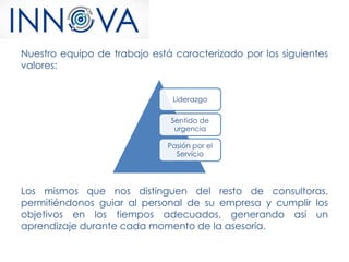 Nuestro equipo de trabajo está caracterizado por los siguientes
valores:
Los mismos que nos distinguen del resto de consultoras,
permitiéndonos guiar al personal de su empresa y cumplir los
objetivos en los tiempos adecuados, generando así un
aprendizaje durante cada momento de la asesoría.
Liderazgo
Sentido de
urgencia
Pasión por el
Servicio
 