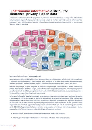 26
Il patrimonio informativo distribuito:
sicurezza, privacy e open data
Attraverso il suo datacenter, InnovaPuglia gestisce un patrimonio informativo distribuito su una pluralità di banche dati
istituzionali della Regione Puglia su un grande numero di settori. Per risolvere le criticità rivenienti dalla necessità di
proteggere il valore dell’informazione la società in house ha compiuto e attuato tre scelte strategiche, tra loro connesse:
sicurezza, privacy e open data.
La prima scelta è massimizzare la sicurezza dei dati.
La digitalizzazione dell’attività della PA richiama la necessità di una forte focalizzazione sulla sicurezza informatica. Infatti,
il patrimonio informativo pubblico e le procedure dei servizi pubblici, se da un lato si avvantaggiano della digitalizzazione
in termini di efficienza, sono nel contempo esposti a nuovi rischi, derivanti dai nuovi mezzi con cui sono gestiti.
Questa è la ragione per cui parte integrante del compito di un partner per l’innovazione ICT è definire e attuare una
politica di sicurezza che identifichi i bisogni, i rischi informatici e le loro possibili conseguenze, elabori regole e procedure
per affrontare i rischi identificati, sorvegli e identifichi le vulnerabilità del sistema e definisca le azioni da intraprendere e
le responsabilità in caso di identificazione di una minaccia.
Sul tema dell’Information Security, InnovaPuglia ha dunque generato un sistema centrato su una gestione organizzativa
e procedurale più efficace e attenta e un Sistema di Gestione della Sicurezza delle Informazioni (SGSI) conforme allo
standard ISO/TEC 27001 e certificato da TÜV Italia. Innanzitutto è importante sottolineare come la gestione centralizzata
dei back-up di tutti gli archivi, secondo un planning temporale concordato con il “proprietario” dei dati, garantisca la loro
disponibilità con un livello di aggiornamento adeguato alle caratteristiche di ogni dato. In secondo luogo, e in coerenza
con la ISO 27001, l’approccio scelto ha come obiettivo la salvaguardia del contenuto informativo, associato a ciascun
processo / servizio / sistema che rientra nell’ambito della certificazione, in termini di:
•	 Riservatezza, per salvaguardare l’informazione dall’accesso di soggetti non autorizzati;
•	 Integrità, per impedire che l’informazione sia modificata o distrutta in modo non autorizzato;
 