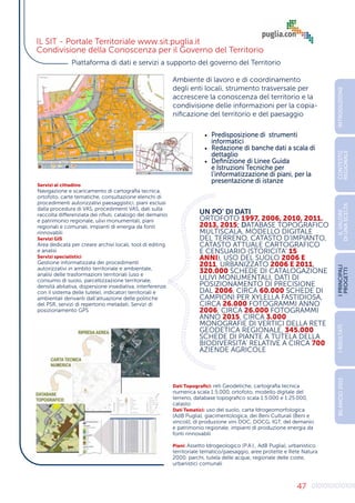 47
IL SIT - Portale Territoriale www.sit.puglia.it
Condivisione della Conoscenza per il Governo del Territorio
Servizi al cittadino
Navigazione e scaricamento di cartografia tecnica,
ortofoto, carte tematiche, consultazione elenchi di
procedimenti autorizzativi paesaggistici, piani esclusi
dalla procedura di VAS, procedimenti VAS, dati sulla
raccolta differenziata dei rifiuti, catalogo del demanio
e patrimonio regionale, ulivi monumentali, piani
regionali e comunali, impianti di energia da fonti
rinnovabili
Servizi GIS
Area dedicata per creare archivi locali, tool di editing
e analisi
Servizi specialistici
Gestione informatizzata dei procedimenti
autorizzativi in ambito territoriale e ambientale,
analisi delle trasformazioni territoriali (uso e
consumo di suolo, parcellizzazione territoriale,
densità abitativa, dispersione insediativa, interferenze
con il sistema delle tutele), indicatori territoriali e
ambientali derivanti dall’attuazione delle politiche
del PSR, servizi di repertorio metadati, Servizi di
posizionamento GPS
Dati Topografici: reti Geodetiche, cartografia tecnica
numerica scala 1:5.000, ortofoto, modello digitale del
terreno, database topografico scala 1:5.000 e 1:25.000,
catasto		
Dati Tematici: uso del suolo, carta Idrogeomorfologica
(AdB Puglia), giacimentologica, dei Beni Culturali (Beni e
vincoli), di produzione vini DOC, DOCG, IGT, del demanio
e patrimonio regionale, impianti di produzione energia da
fonti rinnovabili
Piani: Assetto Idrogeologico (P.A.I., AdB Puglia), urbanistico
territoriale tematico/paesaggio, aree protette e Rete Natura
2000, parchi, tutela delle acque, regionale delle coste,
urbanistici comunali
•	 Predisposizione di strumenti
informatici
•	 Redazione di banche dati a scala di
dettaglio
•	 Definizione di Linee Guida
e Istruzioni Tecniche per
l’informatizzazione di piani, per la
presentazione di istanze
Piattaforma di dati e servizi a supporto del governo del Territorio
Ambiente di lavoro e di coordinamento
degli enti locali, strumento trasversale per
accrescere la conoscenza del territorio e la
condivisione delle informazioni per la copia-
nificazione del territorio e del paesaggio
UN PO’ DI DATI
ORTOFOTO 1997, 2006, 2010, 2011.
2013, 2015; DATABASE TOPOGRAFICO
MULTISCALA, MODELLO DIGITALE
DEL TERRENO, CATASTO D’IMPIANTO,
CATASTO ATTUALE CARTOGRAFICO
E CENSUARIO (STORICITA’ 15
ANNI), USO DEL SUOLO 2006 E
2011, URBANIZZATO 2006 E 2011,
320.000 SCHEDE DI CATALOGAZIONE
ULIVI MONUMENTALI, DATI DI
POSIZIONAMENTO DI PRECISIONE
DAL 2006, CIRCA 60.000 SCHEDE DI
CAMPIONI PER XYLELLA FASTIDIOSA,
CIRCA 26.000 FOTOGRAMMI ANNO
2006, CIRCA 26.000 FOTOGRAMMI
ANNO 2015, CIRCA 3.000
MONOGRAFIE DI VERTICI DELLA RETE
GEODETICA REGIONALE, 345.000
SCHEDE DI PIANTE A TUTELA DELLA
BIODIVERSITA’ RELATIVE A CIRCA 700
AZIENDE AGRICOLE
0
1
0
1
0
1
0
1
0
1
0
1
0
1
0
1
0
1
0
1
0
1
0
0
1
0
1
1
0
1
0
1
0
1
0
1
0101
0
1
0
1
0
1
0
1
0
1
0
0
1
0
1
0
1
0
1
0
0
1
010101010
INTRODUZIONE
I
PRINCIPALI
PROGETTI
I
RISULTATI
BILANCIO
2015
IL
VALORE
DI
UNA
SCELTA
CONTESTO
REGIONALE
 