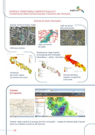 50
PORTALE TERRITORIALE WWW.SIT.PUGLIA.IT
Condivisione della Conoscenza per il Governo del Territorio
Esempi ‘Unità di Analisi’ (UdA)
UdA poco estesa
UdA con forme
di tutela
UdA nei pressi
dell’urbanizzato
Esempi di strati informativi
Densità abitativa
rispetto a superficie
comunale
Catasto
di impianto
Catasto degli impianti di energia da fonti rinnovabili – mappa di visibilità degli impianti
eolici (su modello numerico del terreno)
Distribuzione degli impianti
di energia da fonti rinnovabili:
fotovoltaico – eolico - biomassa
insistenza
dei centri urbani
sul pronto soccorso
 