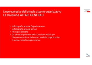 51
Linee evolutive dell’attuale assetto organizzativo
La Divisione AFFARI GENERALI
• la fotografia attuale Organizzazione
...
