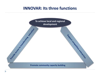 INNOVAR: Its three functions 
To achieve local and regional 
development 
Promote community capacity building 
 