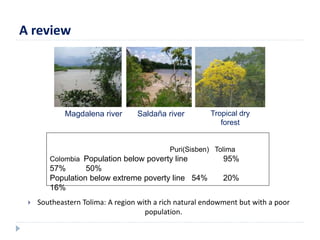 A review 
Magdalena river Tropical dry 
Puri(Sisben) Tolima 
Colombia Population below poverty line 95% 
57% 50% 
Population below extreme poverty line 54% 20% 
16% 
 Southeastern Tolima: A region with a rich natural endowment but with a poor 
population. 
forest 
Saldaña river 
 